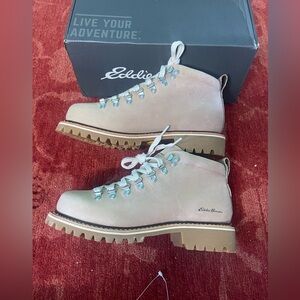 Eddie Bauer Women K-6 Hiking Boots Brown Leather Size 8 Cream Waterproof